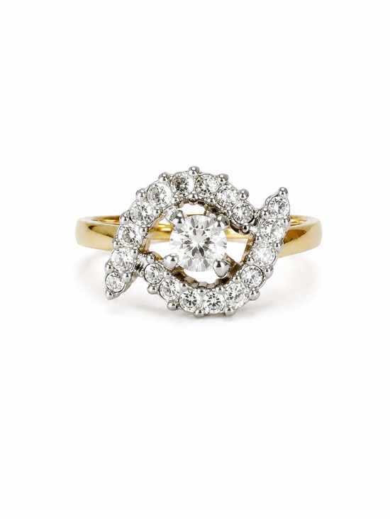 Gems Taiwan Jewelry - Vintage Gold Tone Swirl Halo CZ Cocktail Ring - Size 6